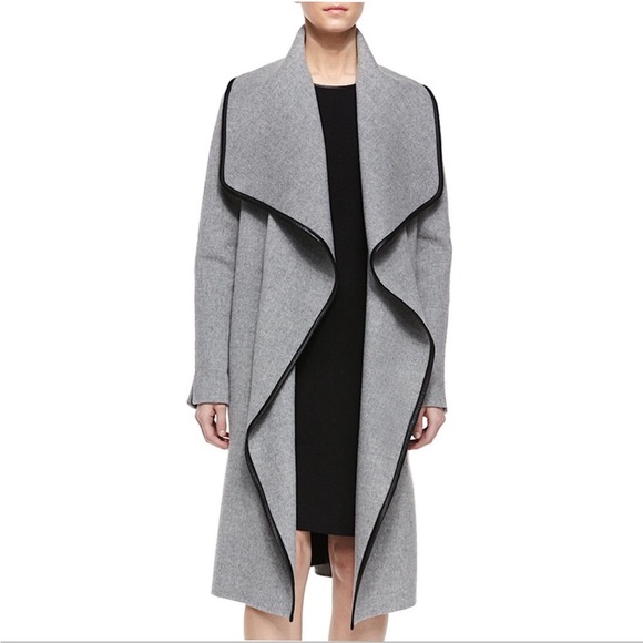 Vince Drape Front Leather Trim Wool Wrap Coat